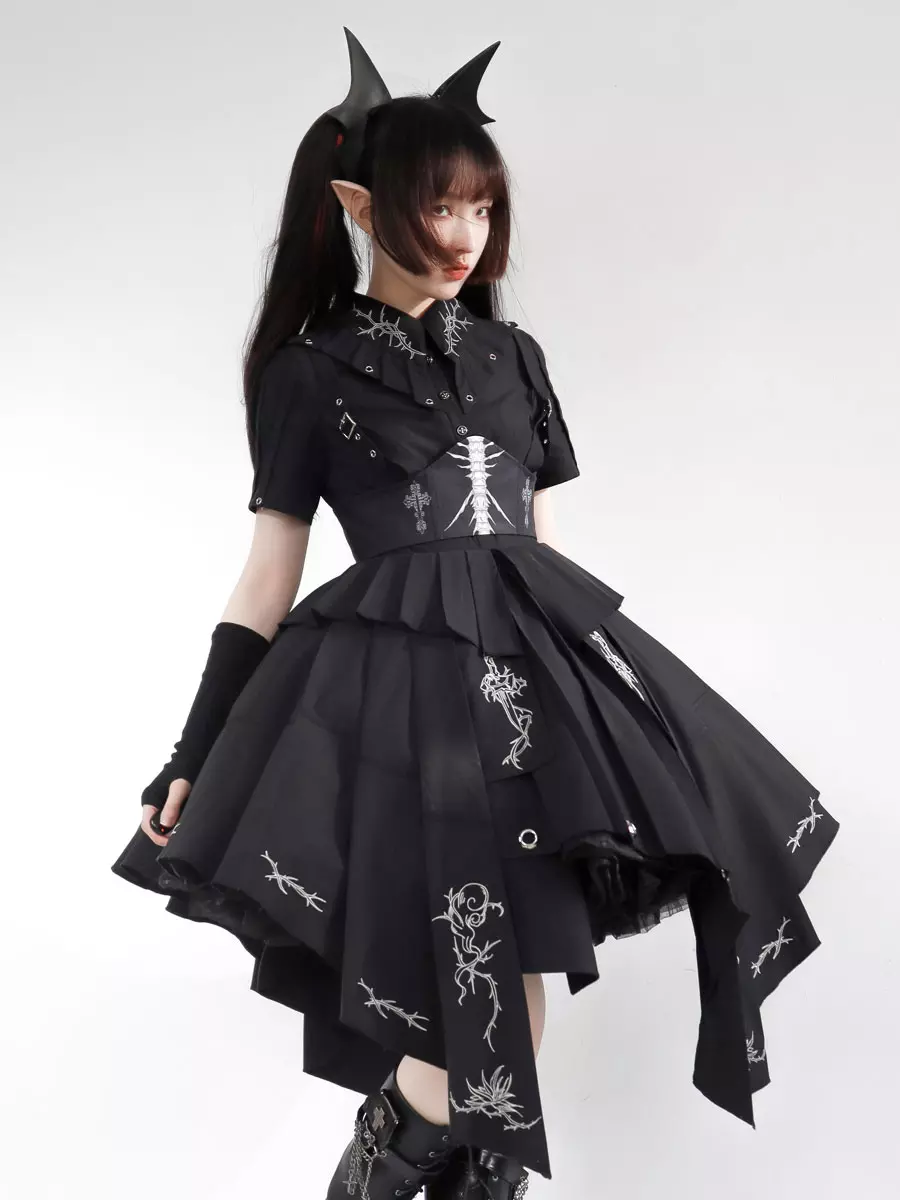 black gothic lolita dress cross Gothic Lolita Black Lace Cross Tulle Short Dress main image 1