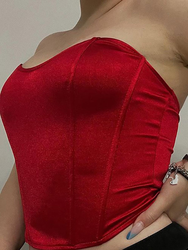 Mode Femme Tops | Haut Sexy Taille Haute Femme avec Epaule Dénudée à Col Décolleté en V Coupe Cintrée Unicolore - UT51094