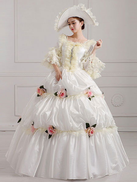 Vestido victoriano, disfraz de mujer, ropa de la era victoriana, escote cuadrado blanco, vestido de baile, vestido de desfile con flores, trajes Halloween -