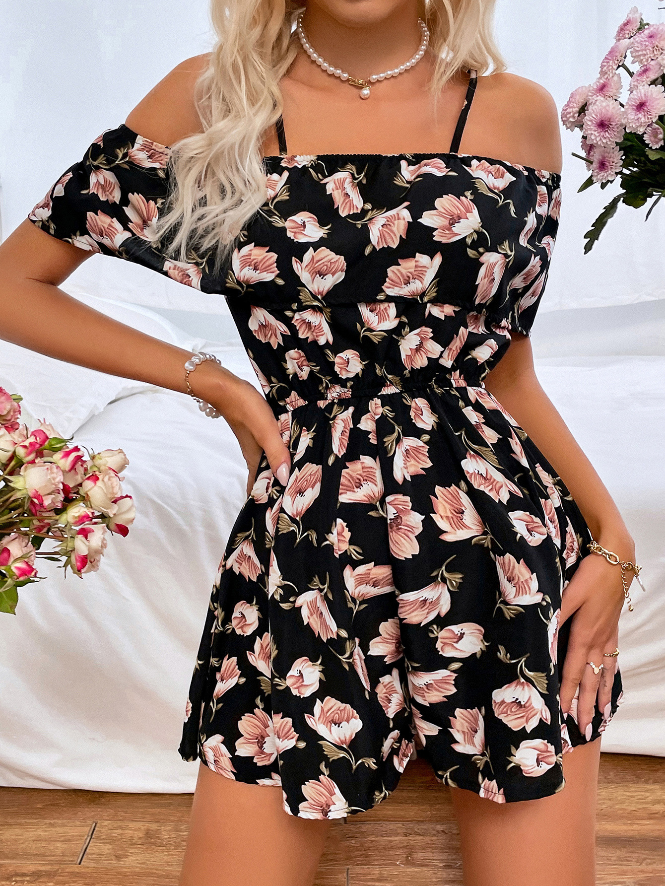 Women's Clothing Jumpsuits & Rompers | Black Floral Print Bateau Neck Polyester Summer Playsuit - RO33268