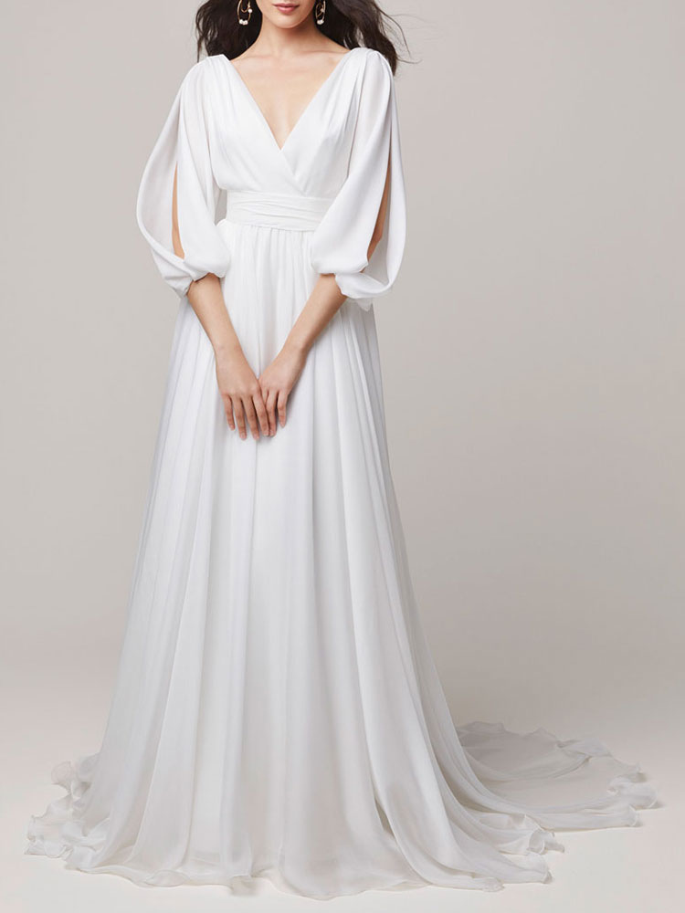 Mariage Robes de mariée | Robe de mariée simple col V demi-manche jupe plissée à traîne - YL92058