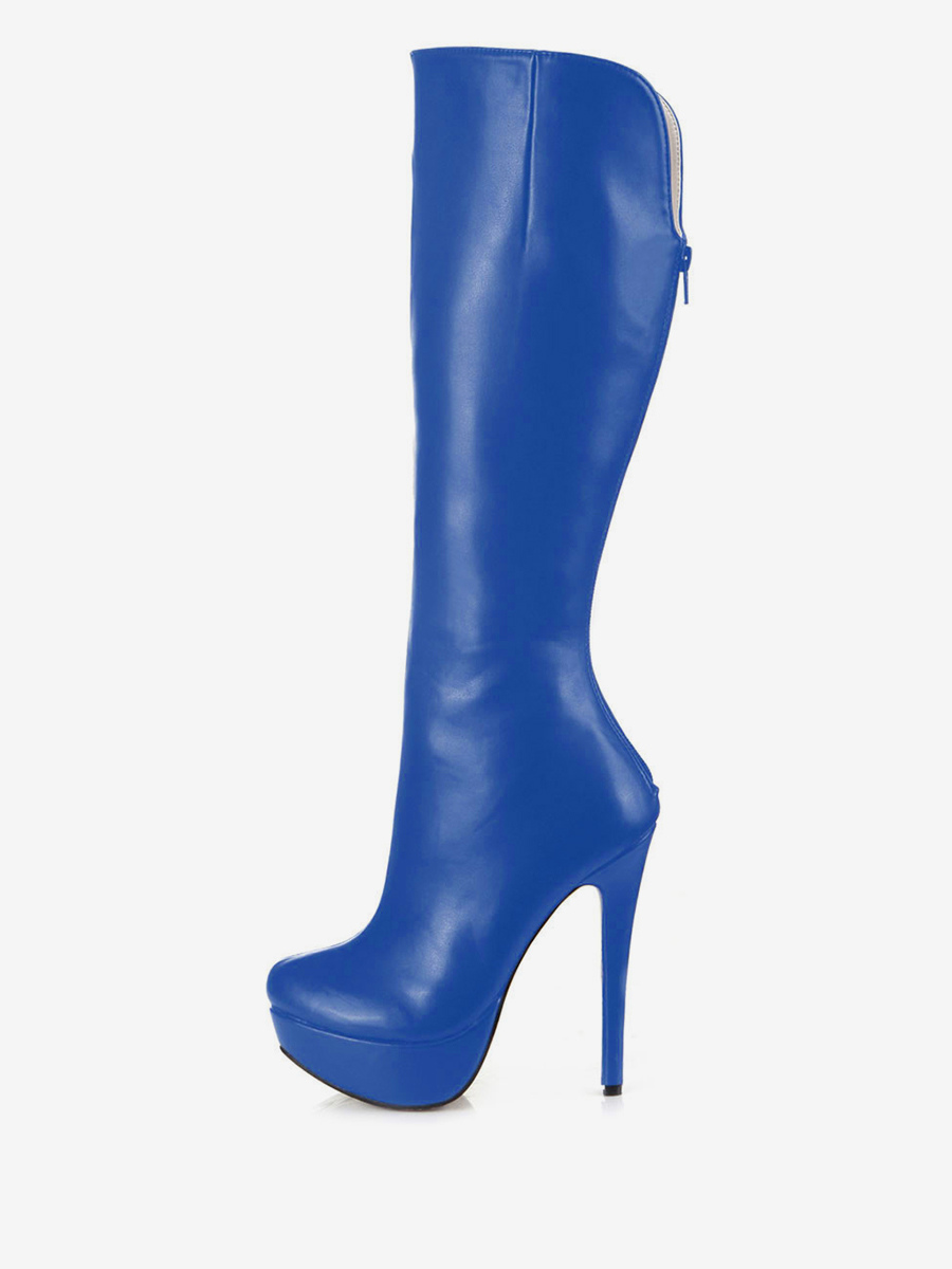 Charming Platform Black High knee boots Almond Toe Stiletto Heel Leather Women's Knee Length