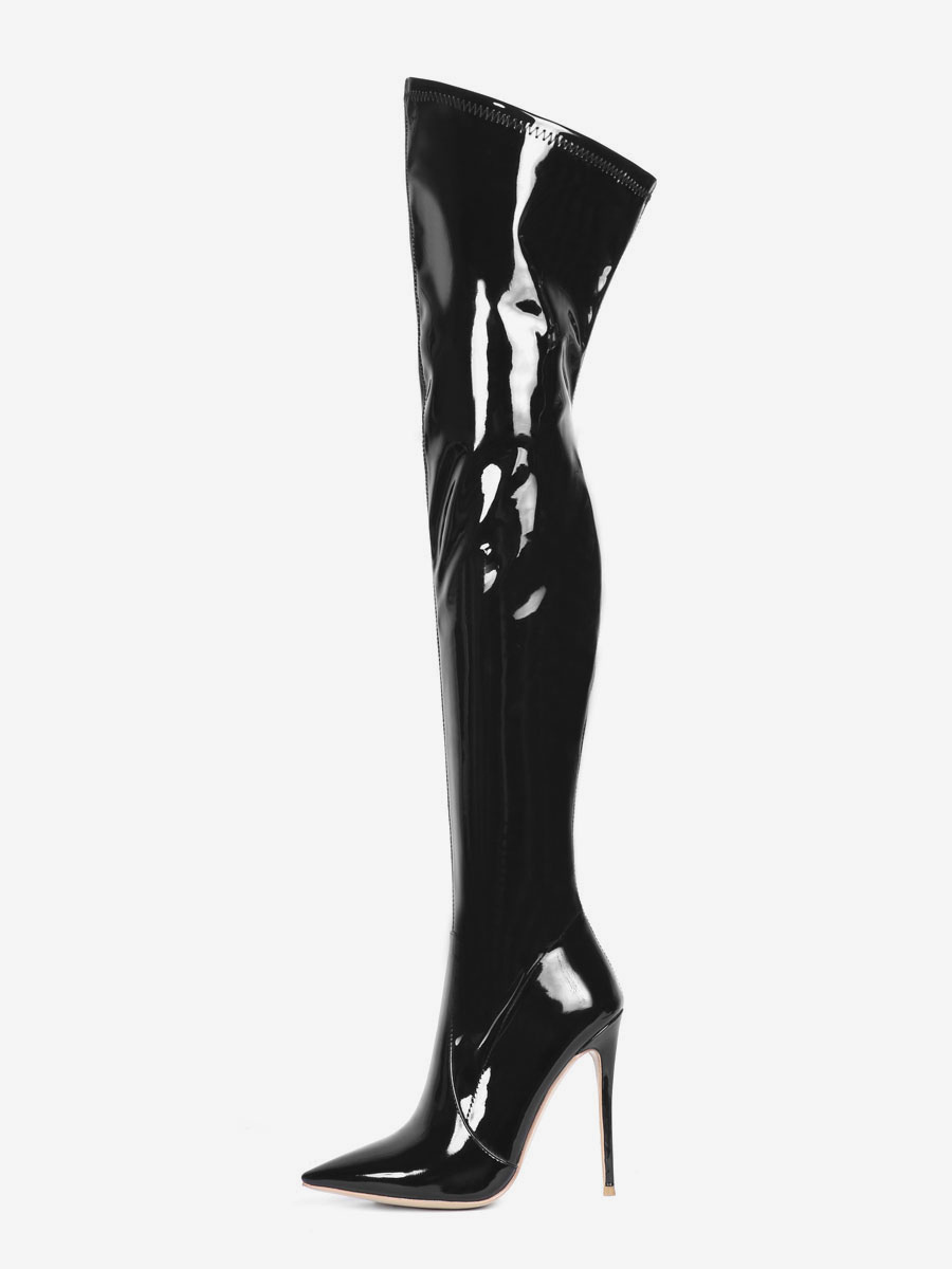 Over The Knee Boots Leather Black Pointed Toe Stiletto Heel Bright