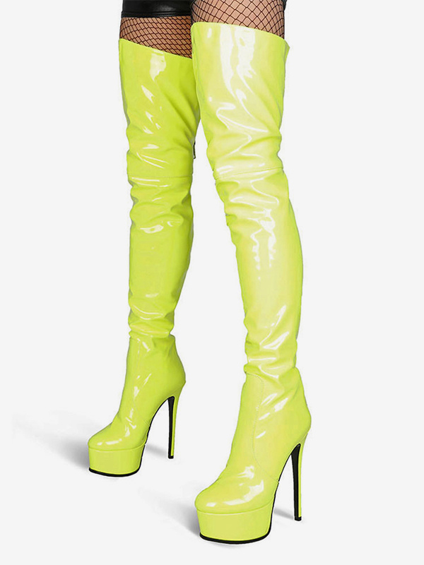 Over The Knee Boots Leather Platform Round Toe Leather Zip Up Heel Thigh High Boots - Milanoo.com