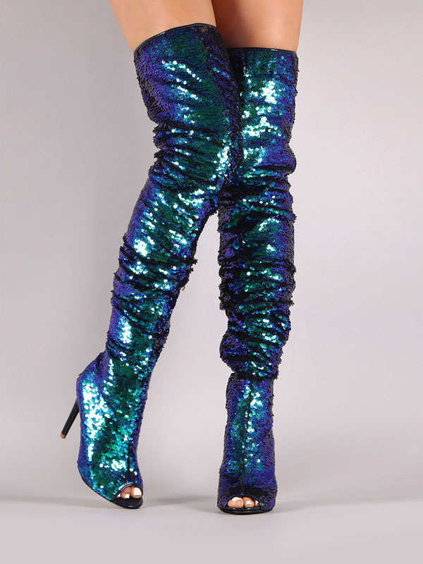 Thigh High Boots Sequined Over Knee Boots Peep Toe High Heel Sexy Boots ...