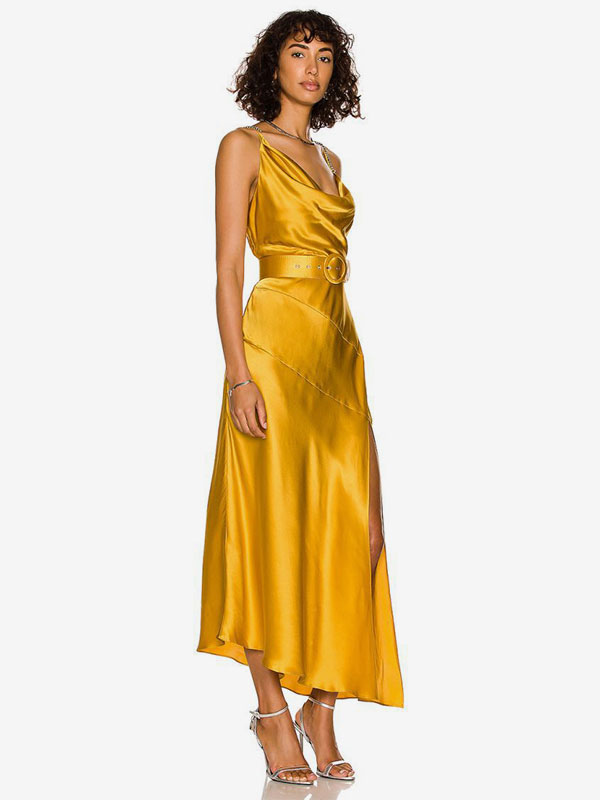 Semi Formal Slip Party Dress Gold Birthday Highslit Belted Prom Dresses