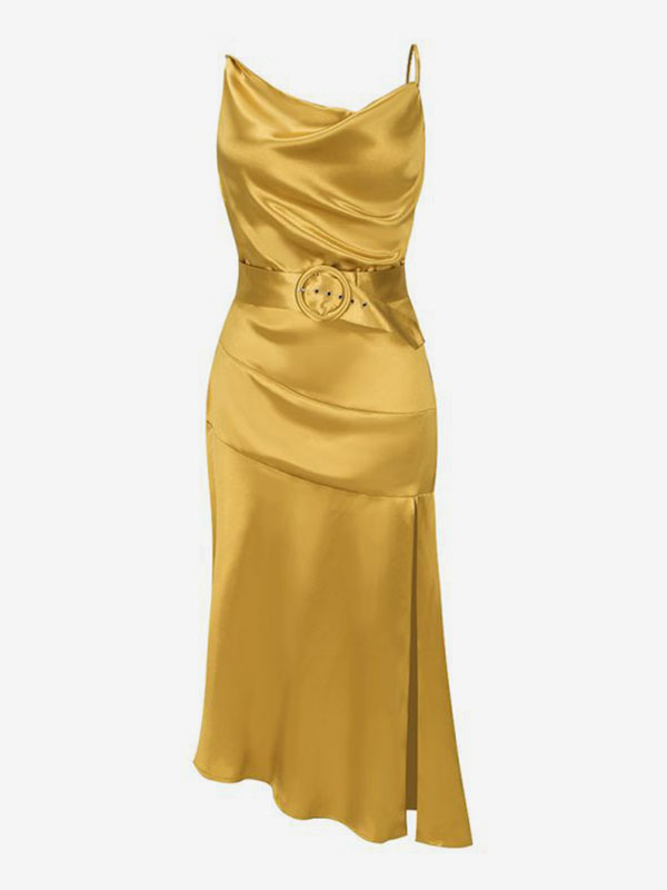 Semi Formal Slip Party Dress Gold Birthday Highslit Belted Prom Dresses