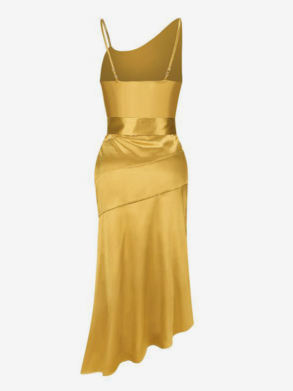 Semi Formal Slip Party Dress Gold Birthday Highslit Belted Prom Dresses