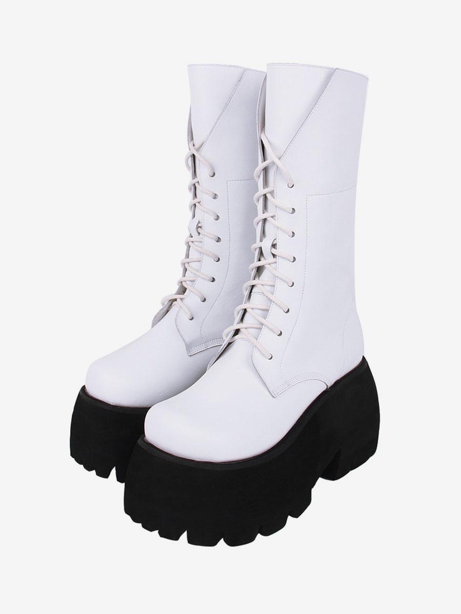 ゴシック ロリータ ブーツ ホワイト PU ラウンド トゥ PU レザー