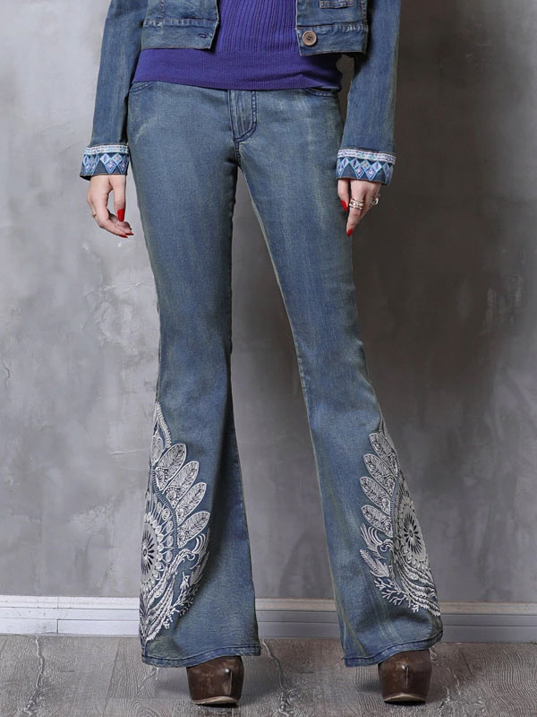 Jeans Mujer Casual Bordado Cintura Natural - Milanoo.com