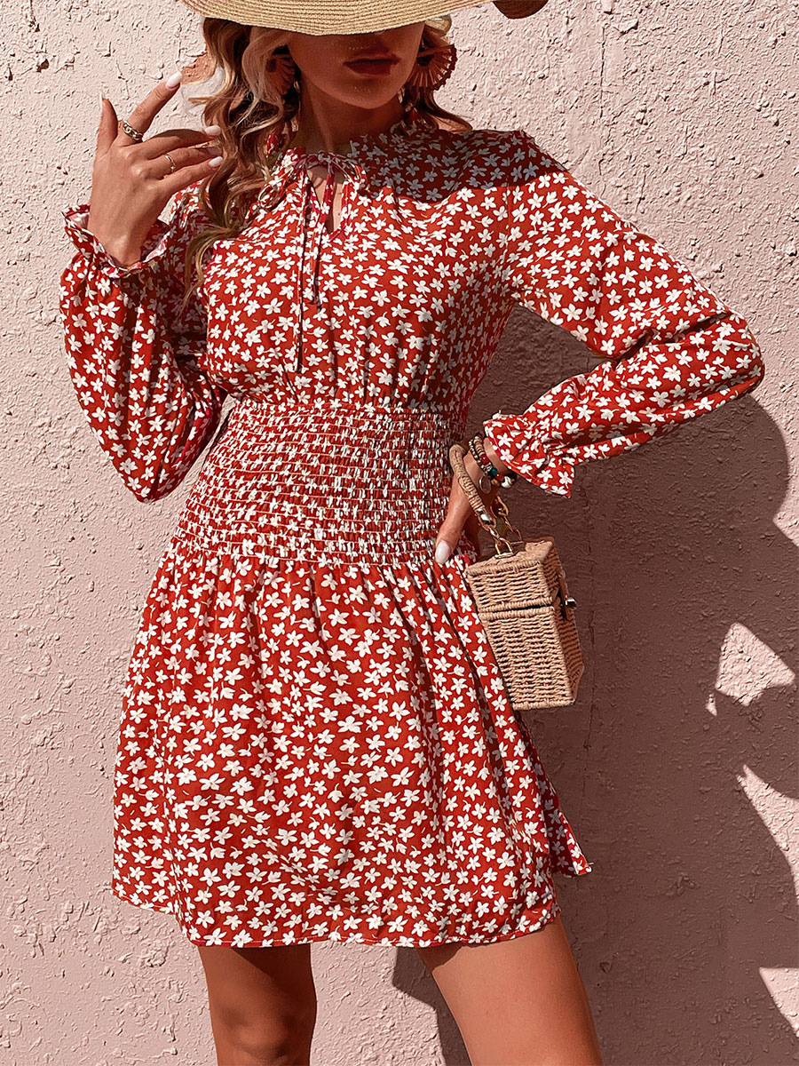 Red Floral Print Long Sleeve Shirred High Neck Loose Mini Dress