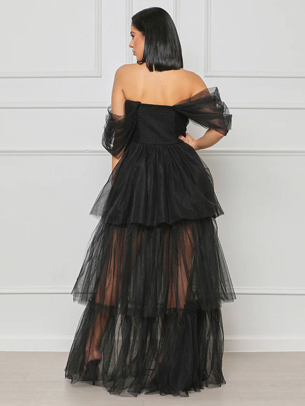 Birthday Party Dresses Black Bateau Neck Pleated Layered Semi Formal