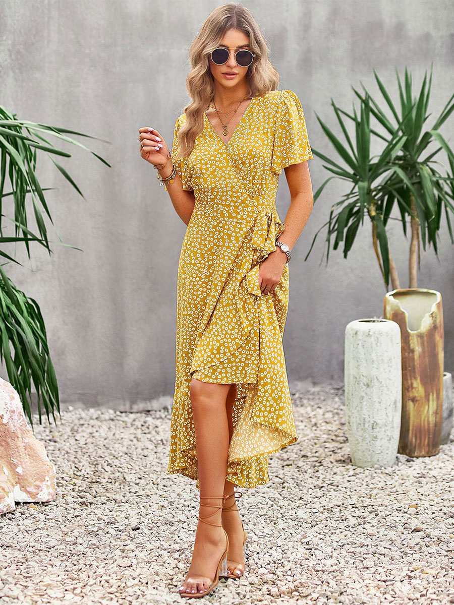 Robe Fleurie Mi-longue Dcontracte  Col En V Et  Manches Courtes  ...