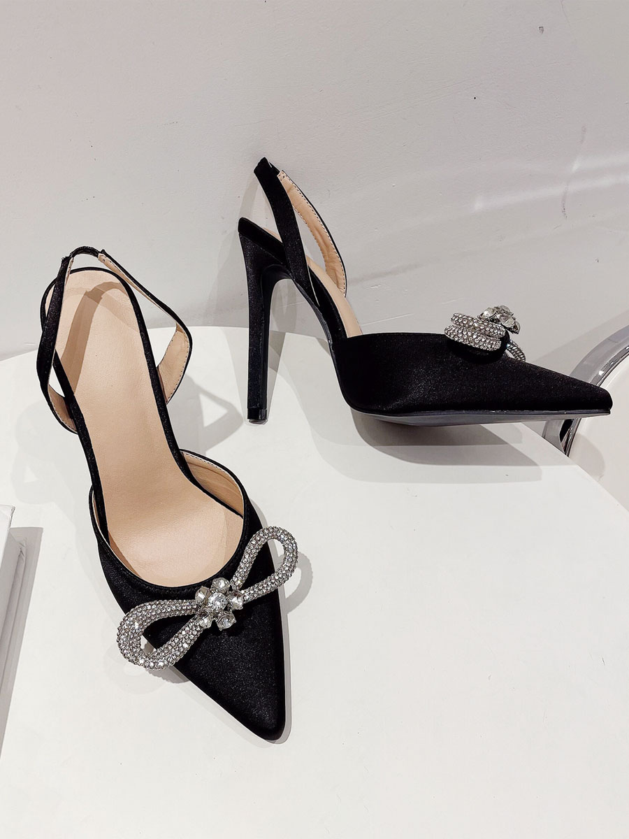 High Heel Party Shoes Black Pointed Toe Bows Slingback Prom shoes ...
