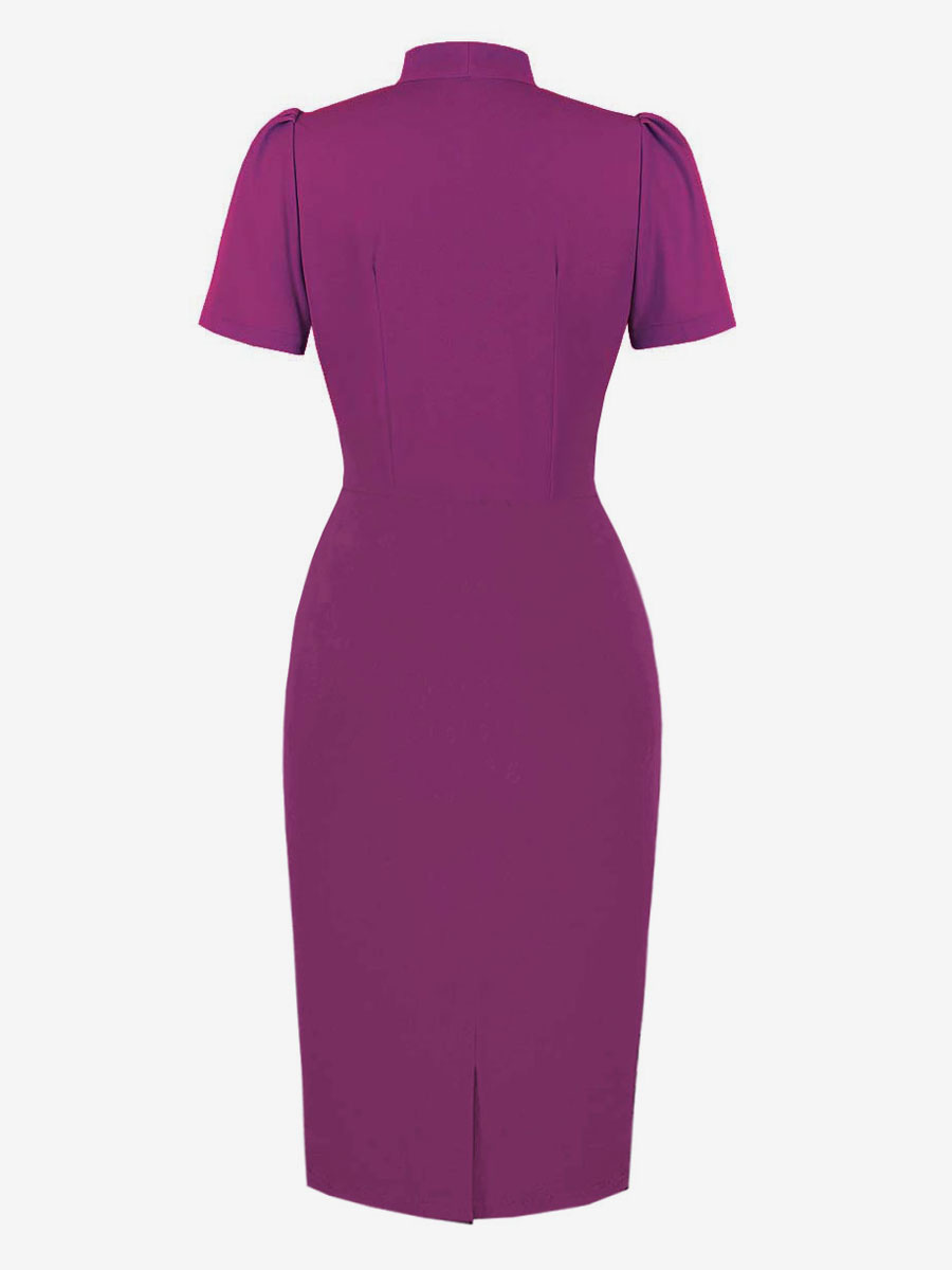 Bodycon Dresses Purple Short Sleeves Bows Classic Turndown Collar Slim ...