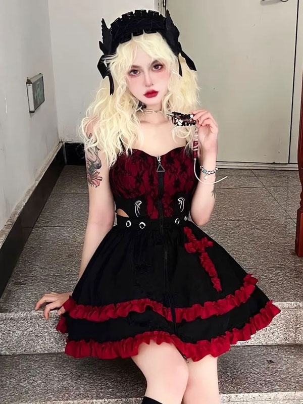 Black and Red Gothic Dress With Corset -  Canada