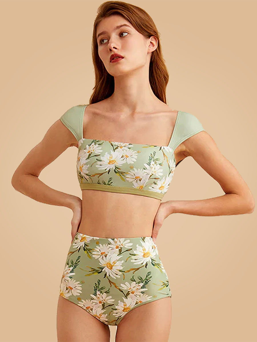 Two Piece Swimsuit Green Convertible Raised Waist Summer Beach Swimming