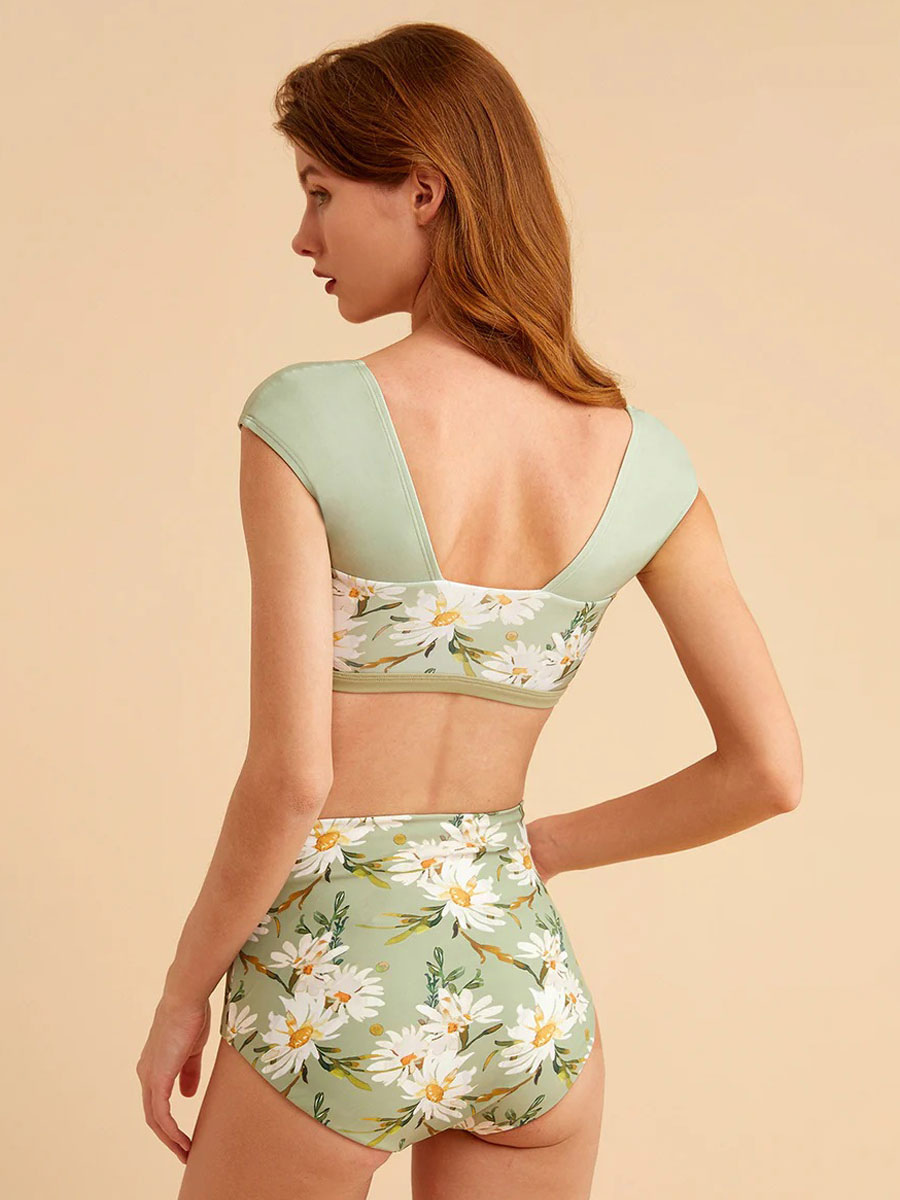 Two Piece Swimsuit Green Convertible Raised Waist Summer Beach Swimming