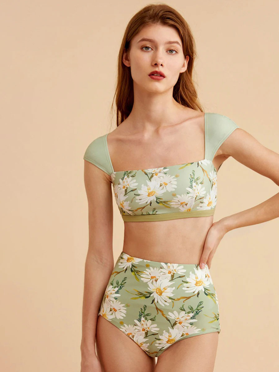 Two Piece Swimsuit Green Convertible Raised Waist Summer Beach Swimming