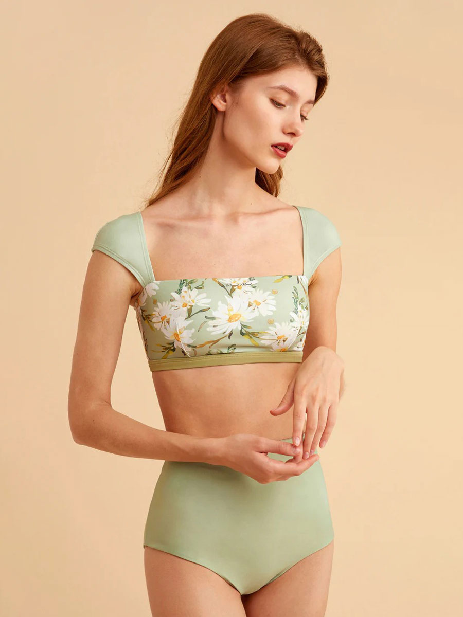 Two Piece Swimsuit Green Convertible Raised Waist Summer Beach Swimming