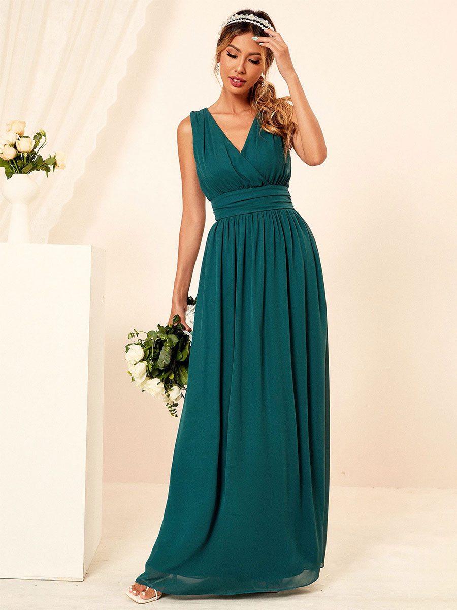 Party Dresses Green V-Neck Pleated Sleeveless Layered Semi Formal Dress ...