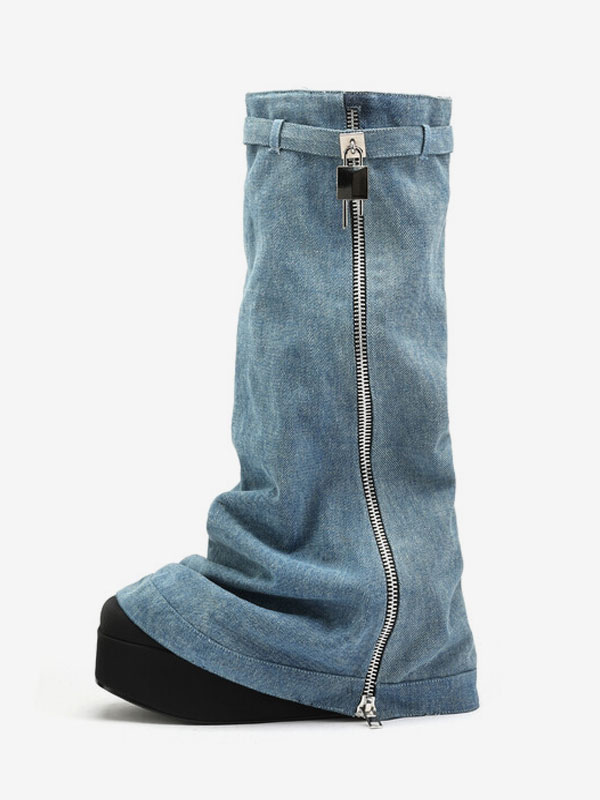 Canvas Knee High Boots Women Flatform Round Toe Designed Zipper Detail Knee Length Boots