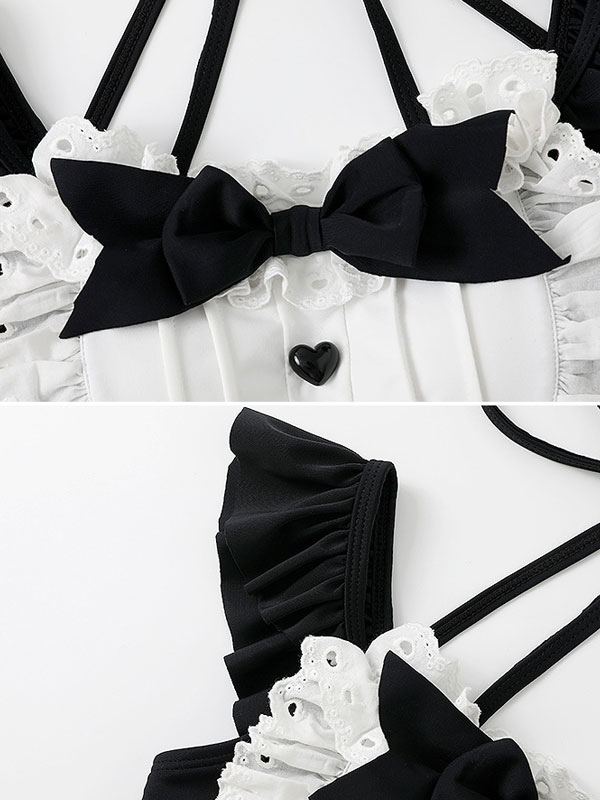 Süße Lolita-Outfits mit schwarzen Rüschen und Bögen, ärmelloser Overall ...