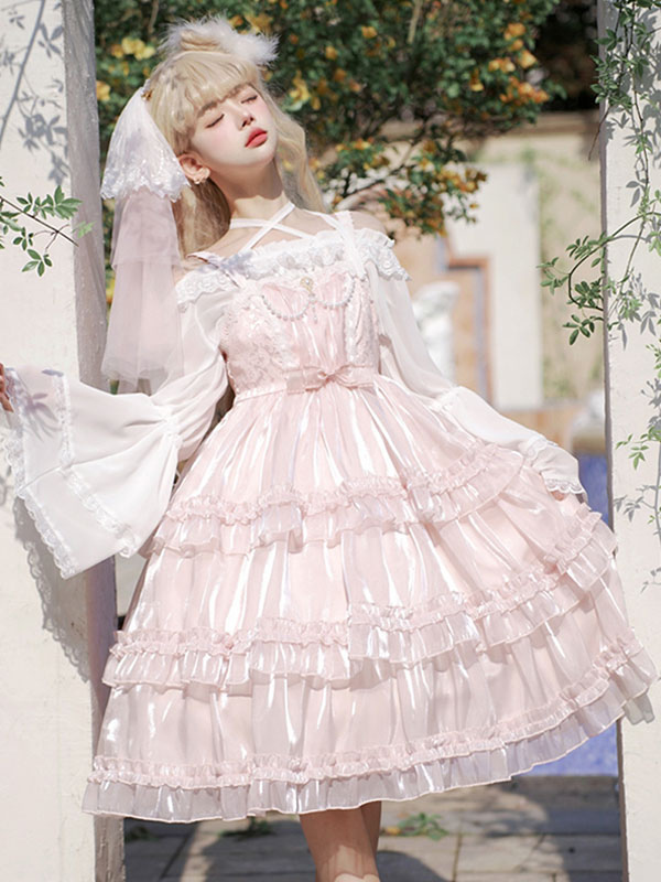 ピンクの甘いロリータ ドレス ポリエステル ノースリーブ ジャンパー ロリータ ドレス