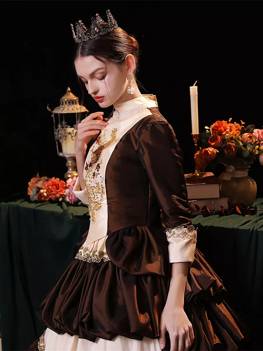 Coffee Brown Retro Tudor Dress Costumes Polyester Dress Women's Renaissance Marie Antoinette Costume Party Prom Dress - Lolitashow.com Coffee Brown Retro Tudor Dress Costumes Polyester Dress Women's Renaissance Marie Antoinette Costume Party Prom Dress - Lolitashow.com