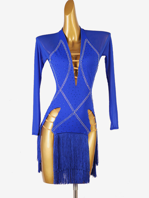 Costume De Danse Latine Manches Longues Robe Fendue Robe Lycra Spandex Bleu Royal Pour Femmes Vêtements De Danse