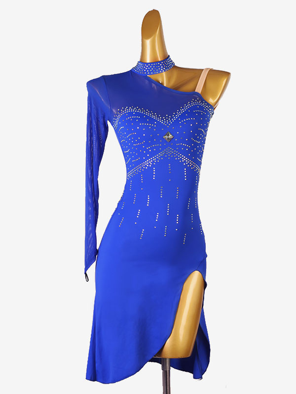 Costume De Danse Latine Robe Lycra Spandex Bleu Royal Femme Dos Nu Élégant Costume De Danse Strass