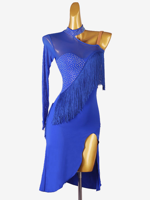 Costume De Danse Latine Manche Longue Une Épaule Nue Bleu Royal Femmes Lycra Spandex Robe Dos Nu Élégant Strass Frange