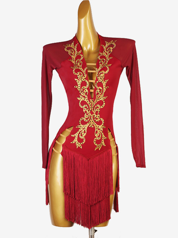 Costume De Danse Latine Robe Manches Longues Sexy En Lycra Et Élasthanne Pour Femme Bordeaux