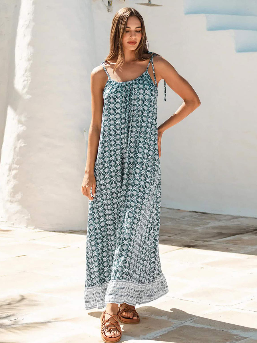 Print Spaghetti Strap Beach Boho Dress