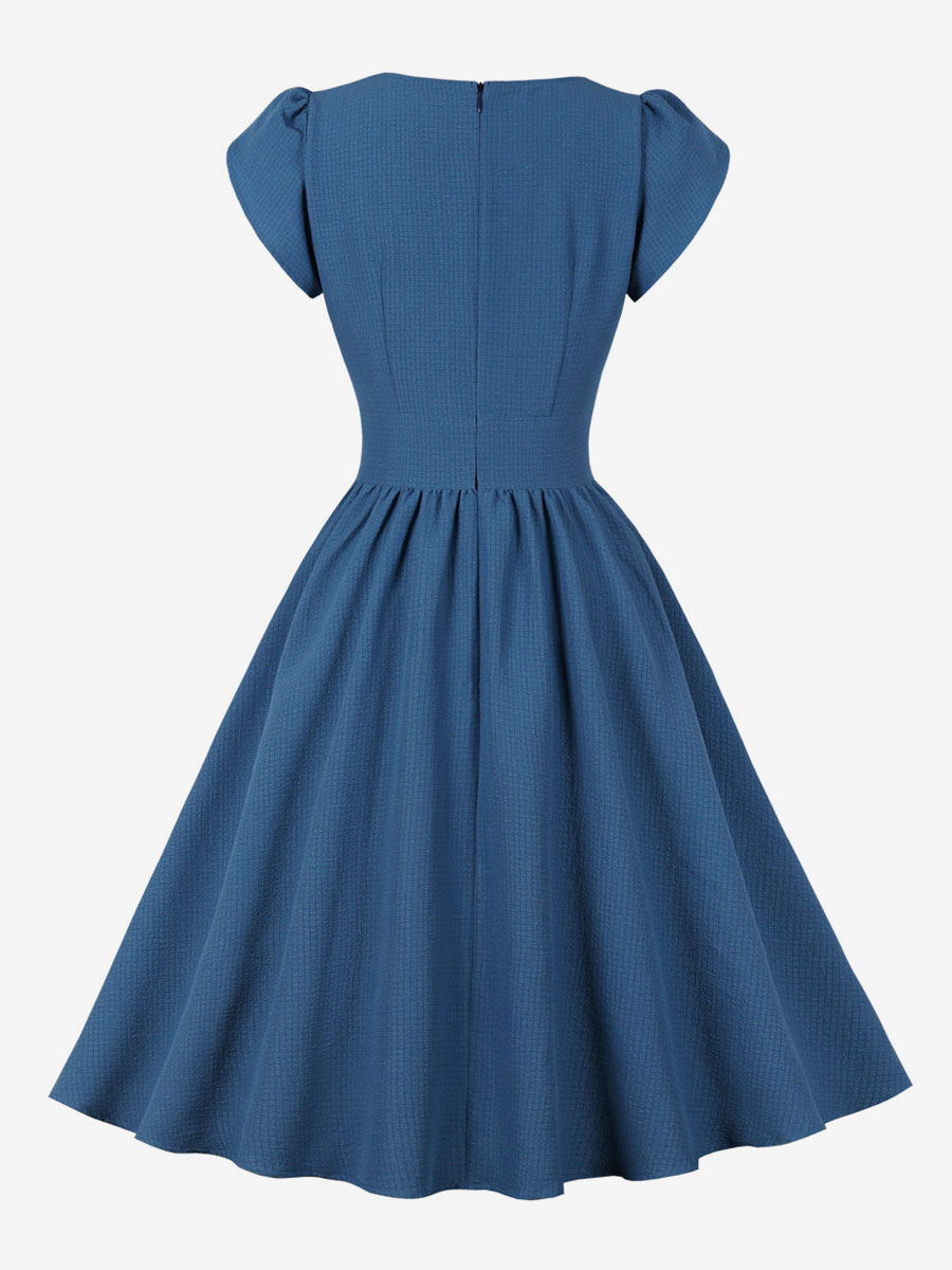 Hepburn Style V Neck Blue Polka Dots 1950s Dress