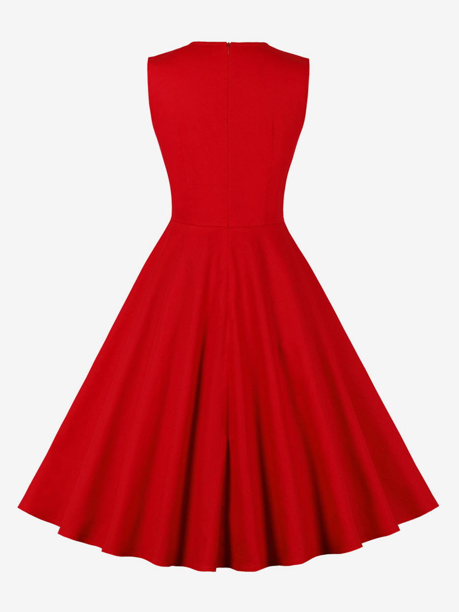 Robe Cocktail Vintage Sans Manches Dos Nu Années 50 à Pois - Robe Rockabilly Swing Trapèze Plissée Mariage Soirée