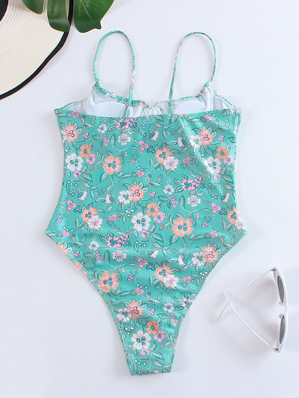 One Piece Swimsuits For Women Mint Green Floral Print Pleated Straps ...