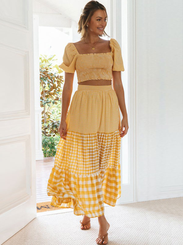 Skirt Set Yellow Elegant Plaid Resort Wear Two Piece Sets