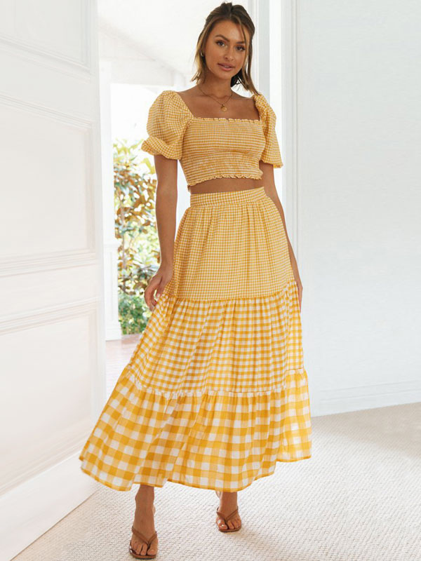 Skirt Set Yellow Elegant Plaid Resort Wear Two Piece Sets
