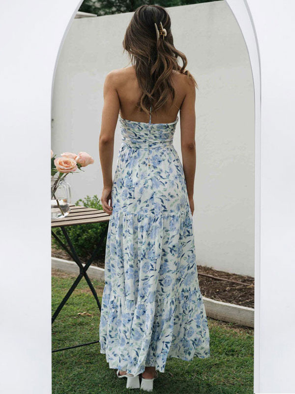 Floral Maxi Dresses Floral Print Strapless Backless Lace Up V-Neck ...