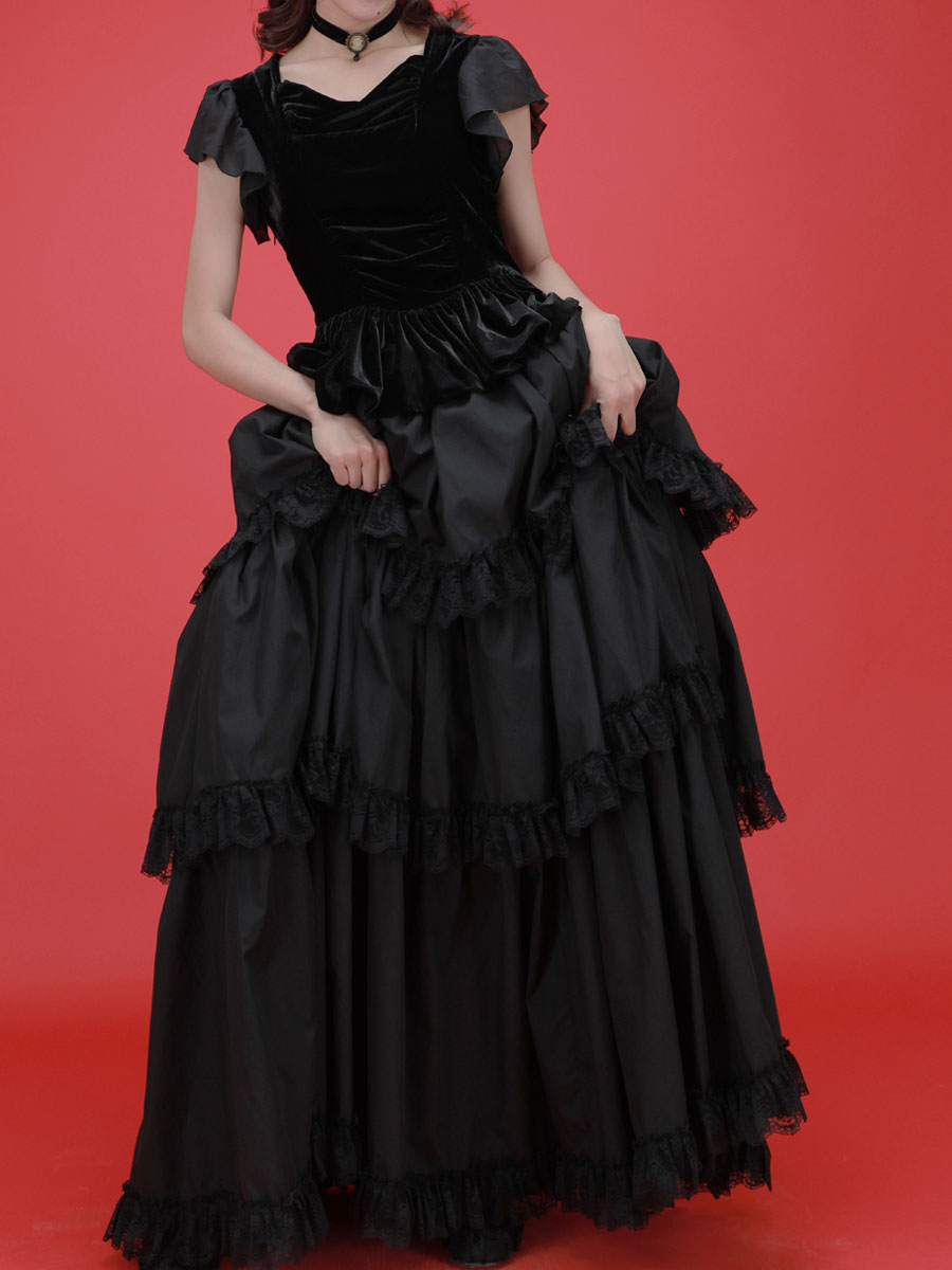 Robes Lolita Gothiques Dentelle à Volants Noir Noir