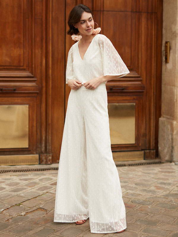 Ivory Bridal Jumpsuit Lace Floor-Length A-Line V-Neck Short Sleeves Bridal Dress Free ...