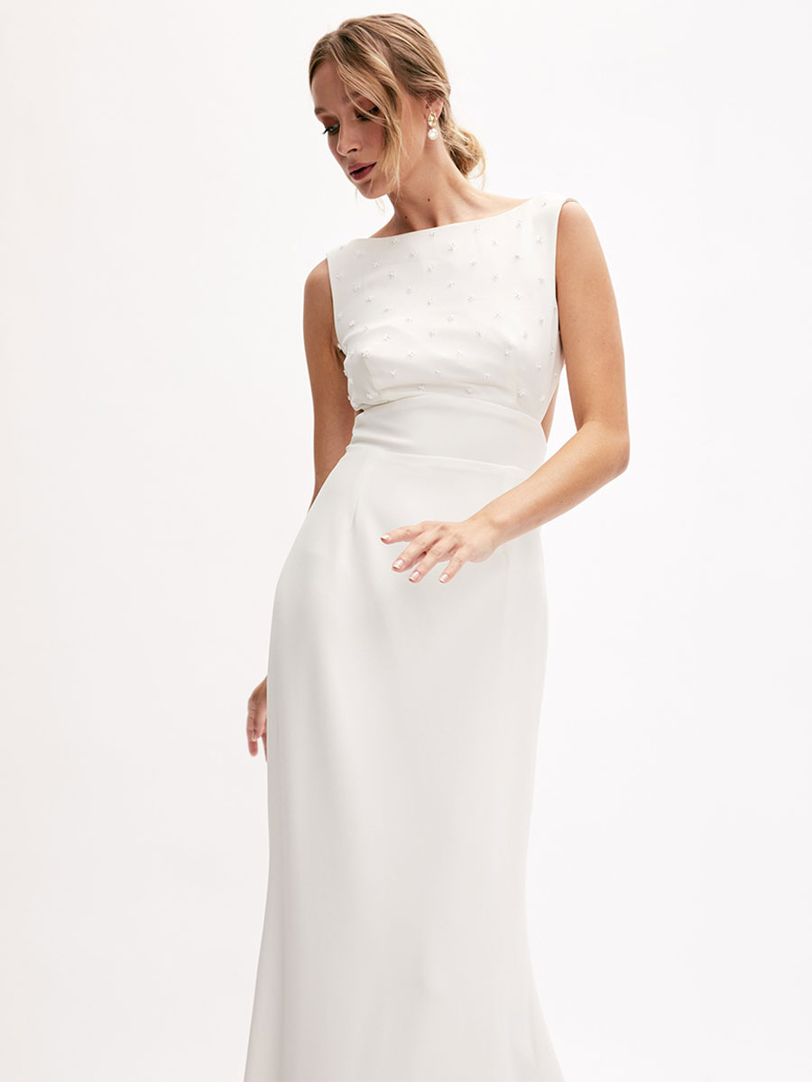 Simple Wedding Dress Mermaid Jewel Neck Sleeveless Beaded Bridal ...