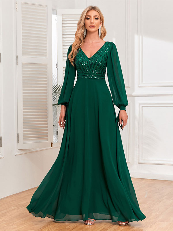 Robes De Soirée Robe Semi-Formelle Verte À Col En V Paillettes Manches Longues