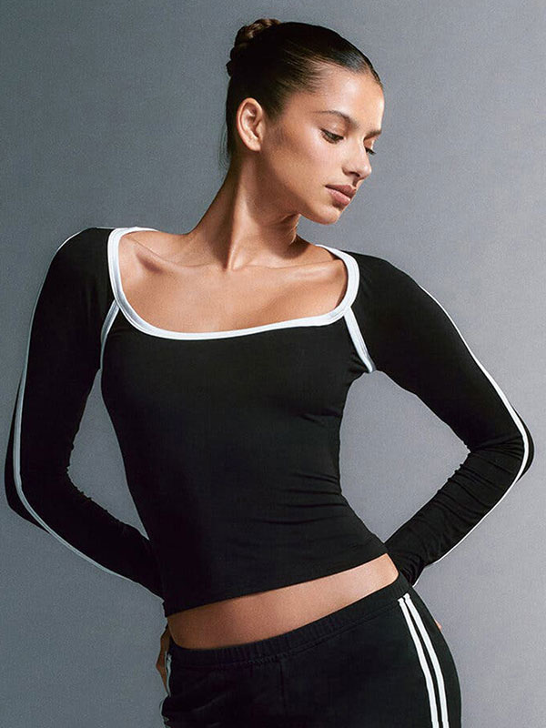 Long Sleeves Layering Top In Black Square Neck Two-Tone Undershirt