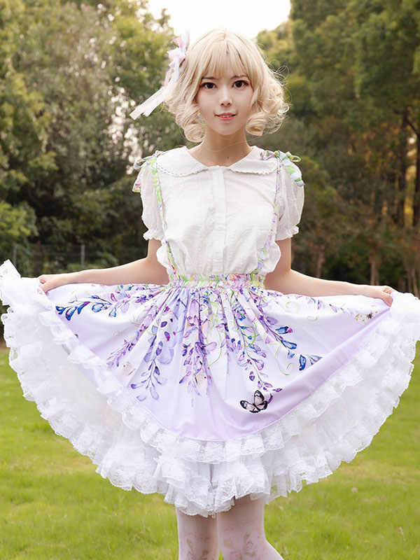 Mignonne Lolita SK Jupes Lolita À Volants Lilas Imprimée Fleurie