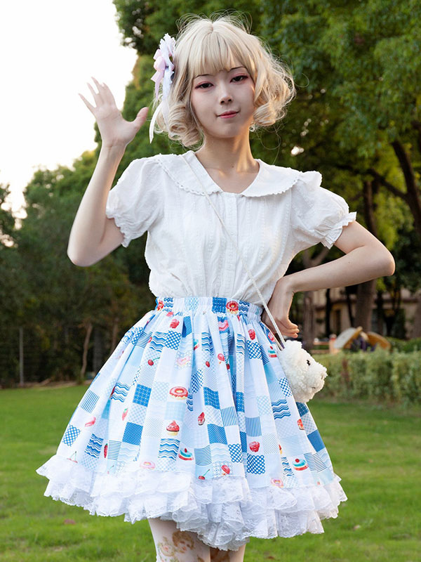 Harajuku Jupe Lolita SK Lolita À Volants Bleu Ciel ClairImprimée Fleurie