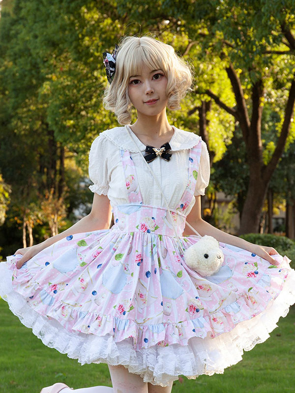 Harajuku Lolita SK Jupes Lolita à volants rose doux à imprimé Fleurie