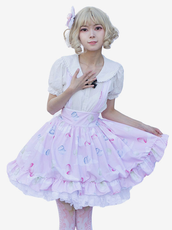 Harajuku Lolita SK Jupes à volants rose doux à imprimé Fleurie