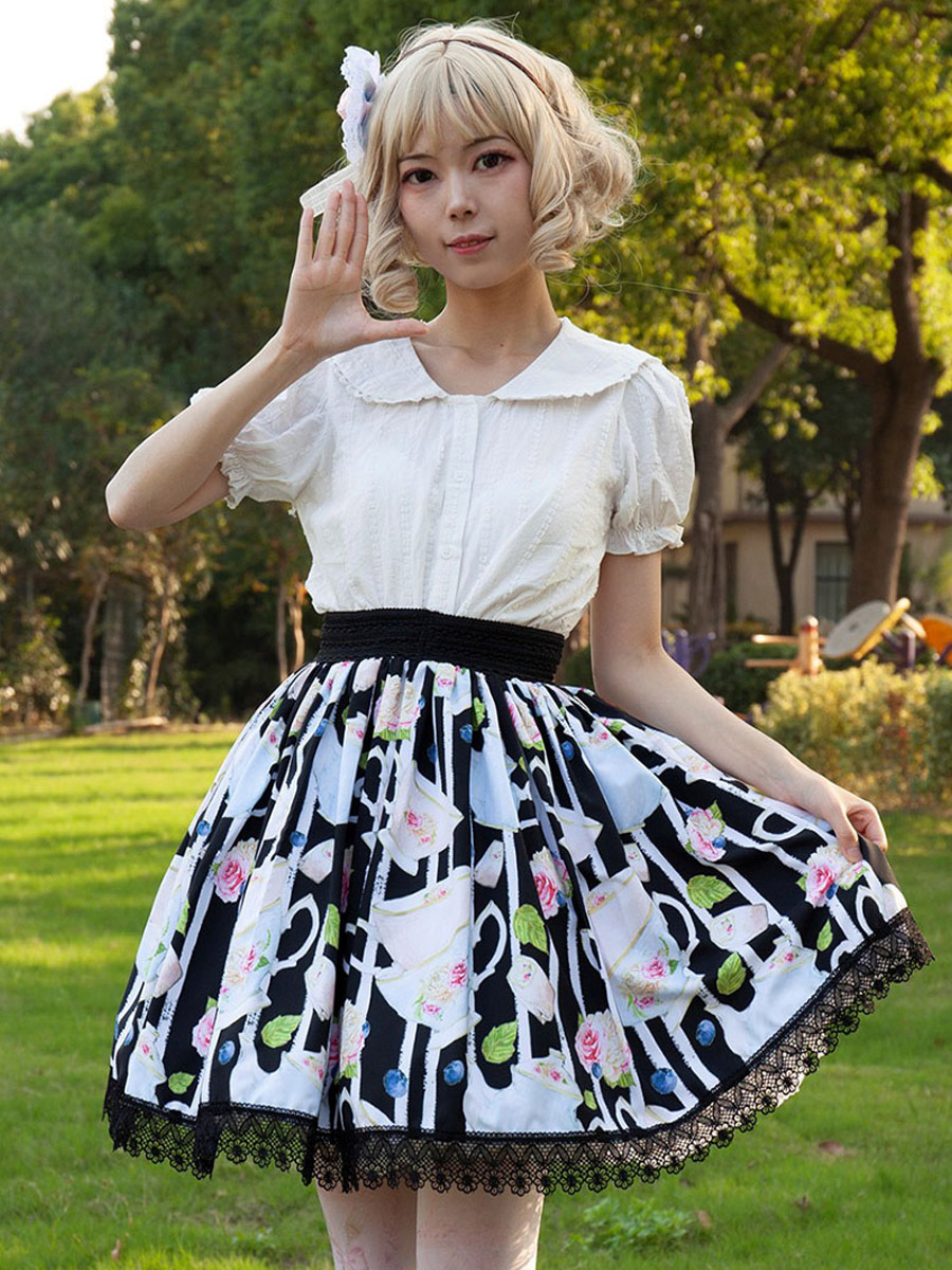 Jupe Harajuku mode Lolita SK Cardcaptor Sakura imprimé fleuri noir volants